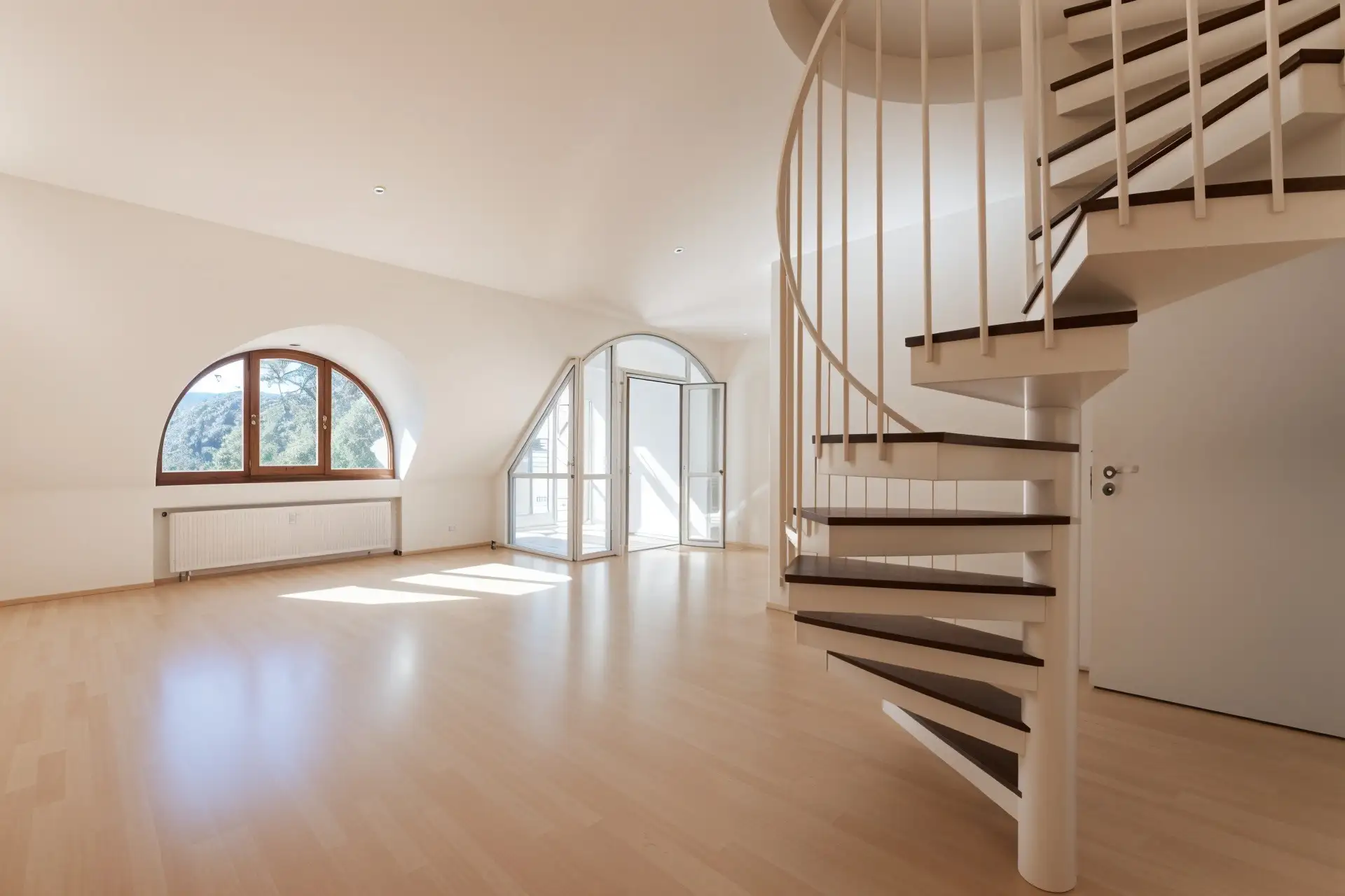 Heller Wohnraum einer Maisonette-Wohnung in Haar mit Wendeltreppe und Bogenfenstern